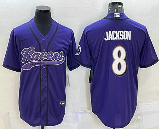 Men's Baltimore Ravens #8 Lamar Jackson Purple With Patch Cool Base Stitched Baseball Jersey