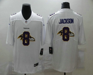 Men's Baltimore Ravens #8 Lamar Jackson White 2020 Shadow Logo Vapor Untouchable Stitched NFL Nike Limited Jersey