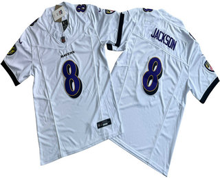 Men's Baltimore Ravens #8 Lamar Jackson White 2023 FUSE Vapor Limited Stitched Jersey