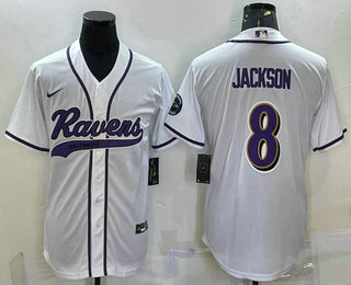 Men's Baltimore Ravens #8 Lamar Jackson White With Patch Cool Base Stitched Baseball Jersey