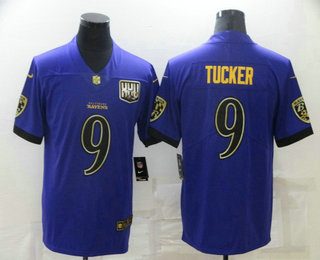 Men's Baltimore Ravens #9 Justin Tucker Purple 25th Season Golden Stitched NFL Nike Limited Jersey