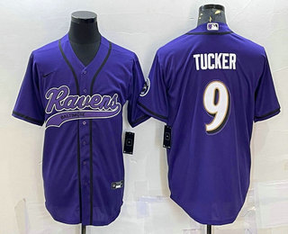 Men's Baltimore Ravens #9 Justin Tucker Purple With Patch Cool Base Stitched Baseball Jersey