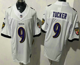 Men's Baltimore Ravens #9 Justin Tucker White 2024 FUSE Vapor Limited Stitched Jersey