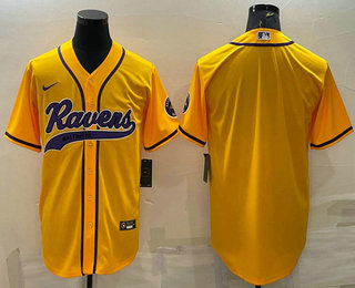 Men's Baltimore Ravens Blank Yellow With Patch Cool Base Stitched Baseball Jersey