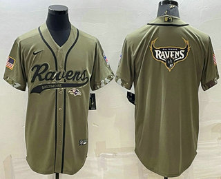 Men's Baltimore Ravens Olive Salute to Service Team Big Logo Cool Base Stitched Baseball Jersey