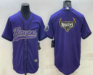 Men's Baltimore Ravens Purple Team Big Logo With Patch Cool Base Stitched Baseball Jersey