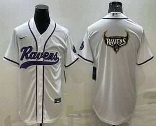 Men's Baltimore Ravens White Team Big Logo With Patch Cool Base Stitched Baseball Jersey