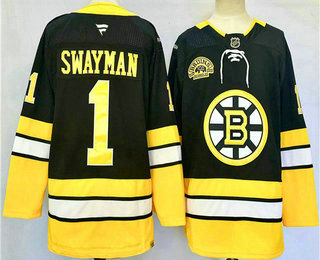 Men's Boston Bruins #1 Jeremy Swayman Black 100th Anniversary 2024 Stitched Jersey