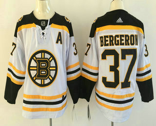 Men's Boston Bruins #37 Patrice Bergeron White With A Patch 2017-2018 Hockey Adidas Stitched NHL Jersey