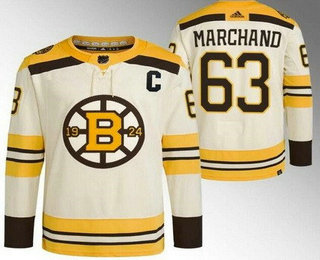 Men's Boston Bruins #63 Brad Marchand Cream 100th Anniversary Authentic Jersey