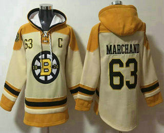 Men's Boston Bruins #63 Brad Marchand Cream Ageless Must Have Lace Up Pullover Hoodie