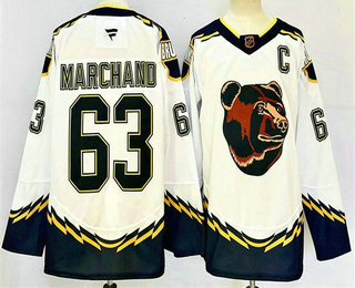 Men's Boston Bruins #63 Brad Marchand White 2024 With C Patch Reverse Retro Home Stitched Jersey