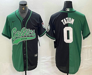 Men's Boston Celtics #0 Jayson Tatum Green Black Split Stitched Baseball Jersey