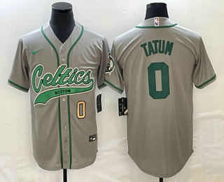 Men's Boston Celtics #0 Jayson Tatum Number Grey With Patch Stitched Baseball Jersey