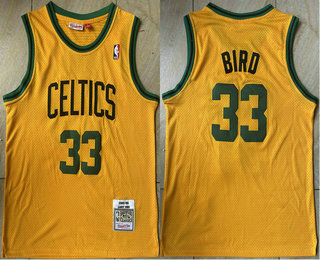 Men's Boston Celtics #33 Larry Bird 1985-86 Yellow Hardwood Classics Swingman Stitched Throwback Jersey