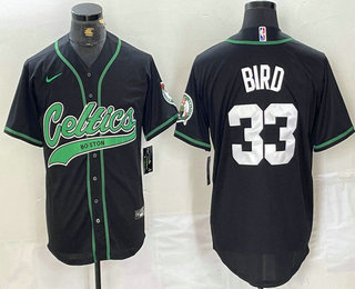 Men's Boston Celtics #33 Larry Bird Black With Patch Cool Base Stitched Baseball Jersey