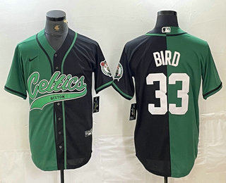 Men's Boston Celtics #33 Larry Bird Green Black Split Stitched Baseball Jersey