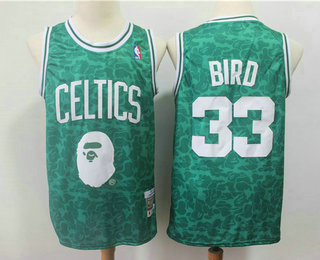 Men's Boston Celtics #33 Larry Bird Green Mitchell & Ness x BAPE Yellow Swingman Jersey