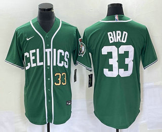 Men's Boston Celtics #33 Larry Bird Number Green Stitched Baseball Jersey 01