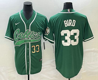 Men's Boston Celtics #33 Larry Bird Number Green With Patch Stitched Baseball Jersey