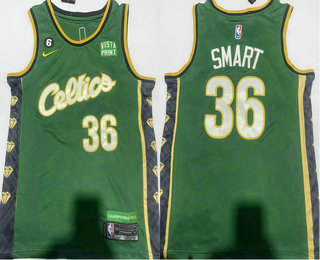 Men's Boston Celtics #36 Marcus Smart 2022 Green City Edition With 6 Patch Stitched Jersey With Sponsor