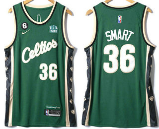 Men's Boston Celtics #36 Marcus Smart 2022 Green City Edition With 6 Patch Stitched Jersey With Sponsor