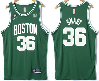 Men's Boston Celtics #36 Marcus Smart Green With 6 Patch Nike Stitched Jersey With Sponsor