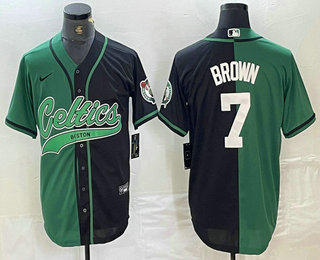 Men's Boston Celtics #7 Jaylen Brown Green Black Split Stitched Baseball Jersey