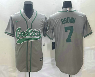 Men's Boston Celtics #7 Jaylen Brown Grey With Patch Stitched Baseball Jersey