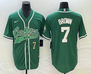 Men's Boston Celtics #7 Jaylen Brown Number Green With Patch Stitched Baseball Jersey