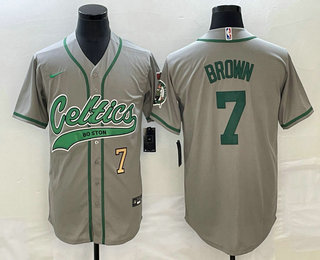 Men's Boston Celtics #7 Jaylen Brown Number Grey With Patch Stitched Baseball Jersey