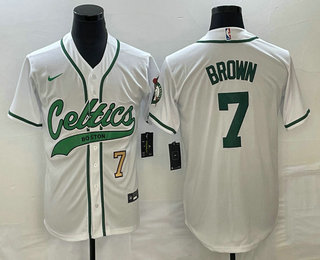 Men's Boston Celtics #7 Jaylen Brown Number White With Patch Stitched Baseball Jersey