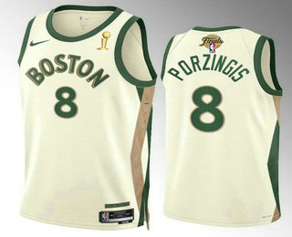 Men's Boston Celtics #8 Kristaps Porzingis 2024 Finals Champions City Edition Stitched Jersey