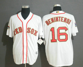 Men's Boston Red Sox #16 Andrew Benintendi White With Gold 2018 MLB World Series Champions Patch Home Stitched MLB Cool Base Jersey