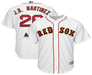 Men's Boston Red Sox #28 J.D. Martinez White With Gold 2018 MLB World Series Champions Patch Home Stitched MLB Cool Base Jersey