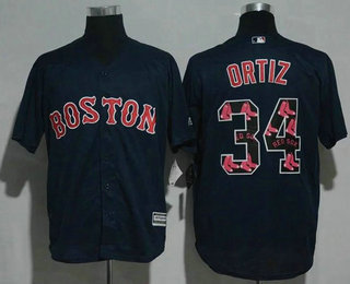 Men's Boston Red Sox #34 David Ortiz Navy Blue Team Logo Ornamented Stitched MLB Majestic Cool Base Jersey