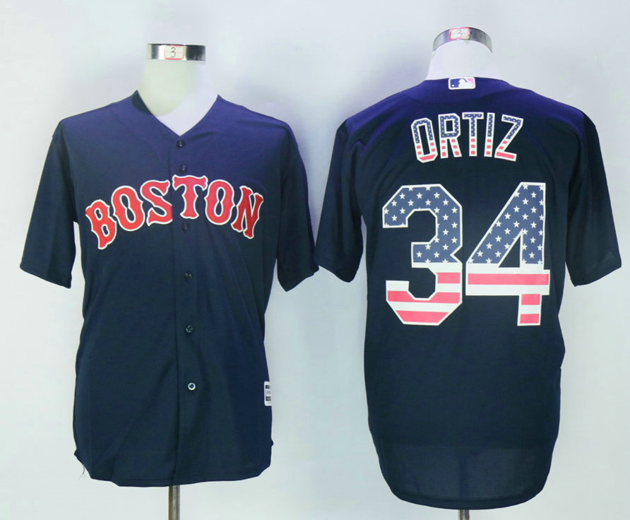 Men's Boston Red Sox #34 David Ortiz Navy Blue USA Flag Fashion MLB Baseball Jersey