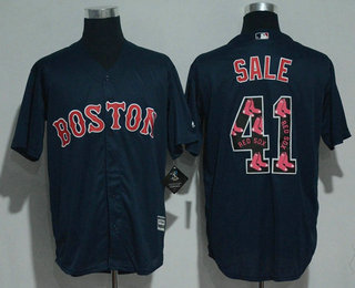 Men's Boston Red Sox #41 Chris Sale Navy Blue Team Logo Ornamented Stitched MLB Majestic Cool Base Jersey