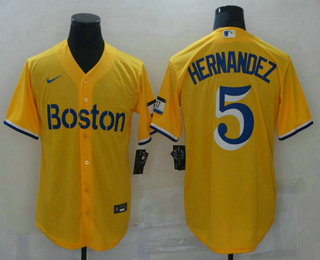 Men's Boston Red Sox #5 Enrique Hernandez Gold 2021 City Connect Stitched MLB Cool Base Nike Jersey