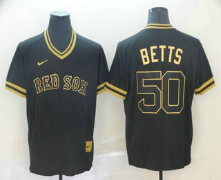 Men's Boston Red Sox #50 Mookie Betts Black Gold Nike Cooperstown Legend V Neck Jersey