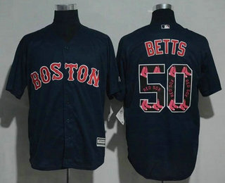 Men's Boston Red Sox #50 Mookie Betts Navy Blue Team Logo Ornamented Stitched MLB Majestic Cool Base Jersey