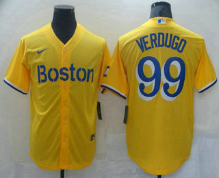 Men's Boston Red Sox #99 Alex Verdugo Gold 2021 City Connect Stitched MLB Cool Base Nike Jersey