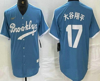 Men's Brooklyn Dodgers #17 Shohei Ohtani Light Blue Japanese Cooperstown Collection Cool Base Jersey