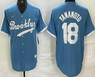 Men's Brooklyn Dodgers #18 Yoshinobu Yamamoto Light Blue Cooperstown Collection Cool Base Jersey