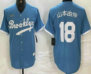 Men's Brooklyn Dodgers #18 Yoshinobu Yamamoto Light Blue Japanese Cooperstown Collection Cool Base Jersey