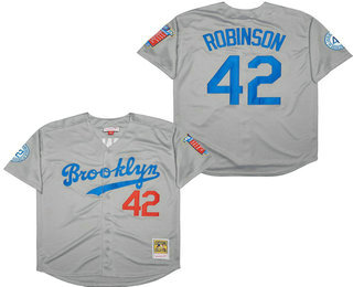 Men's Brooklyn Dodgers #42 Jackie Robinson White Cooperstown Collection 1955 Hall Of Fame Dual Patch Stitched MLB Throwback Jersey