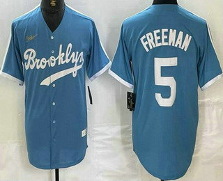 Men's Brooklyn Dodgers #5 Freddie Freeman Light Blue Cooperstown Collection Cool Base Jersey