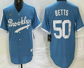 Men's Brooklyn Dodgers #50 Mookie Betts Light Blue Cooperstown Collection Cool Base Jersey