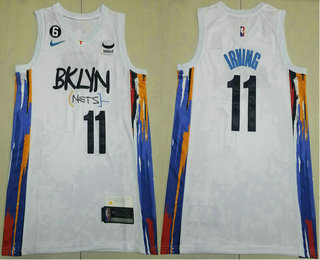 Men's Brooklyn Nets #11 Kyrie Irving 2022 White City Edition With No 6 Patch Stitched Jersey With Sponsor