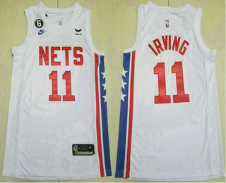 Men's Brooklyn Nets #11 Kyrie Irving White With 6 Patch Sponsor Nike Swingman Throwback Jersey